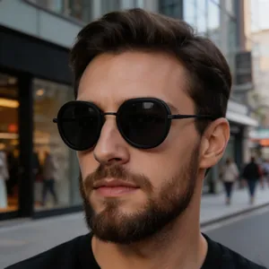 Detail of men's retro punk style oval sunglasses worn outdoors for UV protection