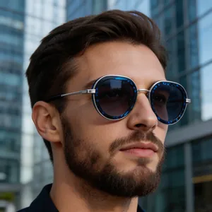 Vintage punk style men's oval sunglasses with blue textured frames and metal temples