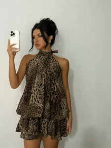 Sexy leopard print halter neck chiffon mini dress for island beach vacation getaway