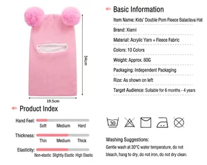 Detailed product specifications of pink fleece-lined baby knit pom-pom balaclava hat