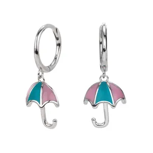 S925 sterling silver umbrella drop earrings with pink and teal enamel finish