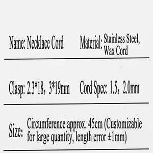 Detailed specifications for 1.5mm and 2.0mm wax cord necklace with stainless steel clasp