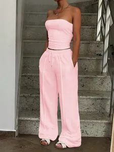 Pink tube top and wide-leg drawstring pants two-piece casual summer set for women.