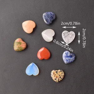 Detailed view of 20mm heart-shaped assorted natural gemstones and crystals with dimensions