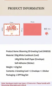 Detailed specifications for 3D flower bouquet greeting card set with envelope and sticker