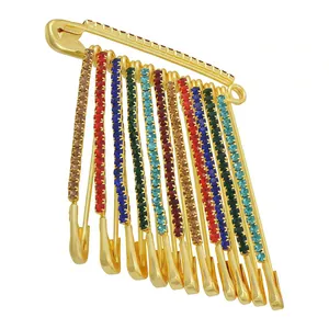 Broche épingle à nourrice en strass multicolore pour femme dorée