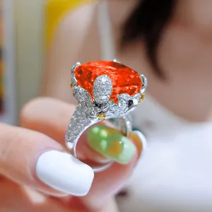 Luxury Cushion Cut Orange Gemstone Ring Copper Rhinestone Adjustable Open End Flower Party Jewelry For Women