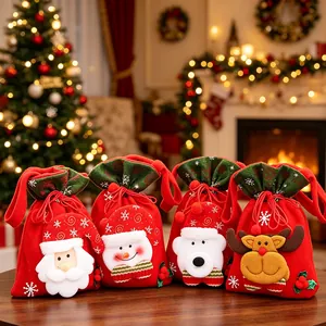 Set of 4 red festive Christmas gift bags with 3D Santa and snowman characters
