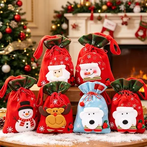 Set of cute 3D Christmas drawstring gift bags featuring Santa, Reindeer, and Snowman dolls