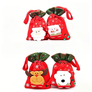 Set of cute 3D Christmas character drawstring gift bags for festive candy and small treats