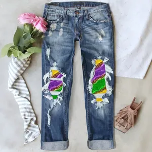 Women's Retro Blue Ripped Straight Jeans Rainbow Patchwork Leopard Print Mid Waist Distressed Cuffed Denim Pants Streetwear