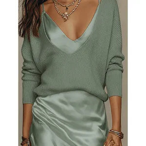 Elegant two-piece set featuring a sage green v-neck knit sweater over a satin slip dress