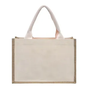 Bolso tote grande de lona de algodón con ribete de yute natural y asas blancas resistentes