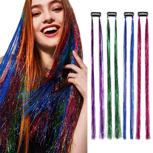 Clip In Hair Tinsel Extensions Holographic Glitter Shiny Metallic PET Fiber For Party Festival Hair Decor Women Girls