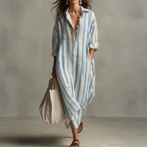 Women Casual Striped Shirt Dress Cotton Blend Loose V Neck Long Sleeve Midi Dress Bohemian Vacation Beach Dress With Pockets