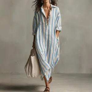 Casual blue and white wide vertical striped maxi shirt dress for spring and summer