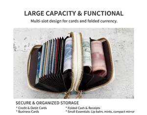 Detail view of the dual zipper wallet interior with 12 card slots and cash compartments