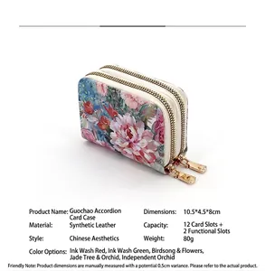 Detailed view of floral double zipper card holder with multi-slot accordion design