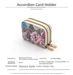Detailed view of floral double zipper card holder with multi-slot accordion design