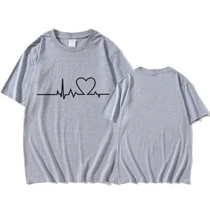 Gray unisex cotton T-shirt featuring a heart and heartbeat line print front and back