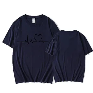 Detailed front and back view of a navy blue T-shirt with heartbeat heart print.