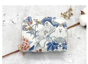 Detailed view of women's vintage floral double zipper card holder and coin purse