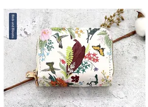 Compact double zipper card holder wallet with elegant hummingbird and floral print