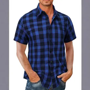 Men's casual blue plaid short-sleeved shirt with breathable fabric for summer fashion.