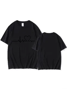 Unisex black short sleeve T-shirt with a minimalist heartbeat and heart line print.