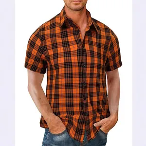 Casual men's short sleeve button-down plaid shirt with orange and black checkered pattern