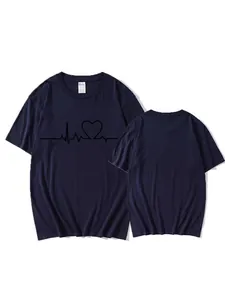 Casual navy blue short sleeve T-shirt with heartbeat heart graphic print design