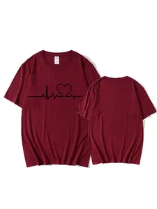Maroon short sleeve T-shirt with minimalist heartbeat heart print for men and women.