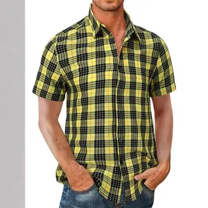 Men's yellow and black plaid short sleeve casual button down shirt for summer fashion.
