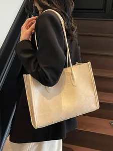 Large capacity textured cream tote bag for women stylish work commute shoulder bag