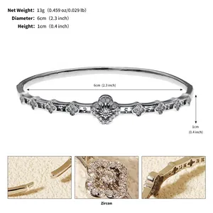 Detailed view of fashion flower zircon bangle with dimensions and weight data