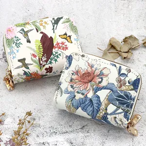 Vintage floral hummingbird print double zipper card holder and large capacity coin purse.