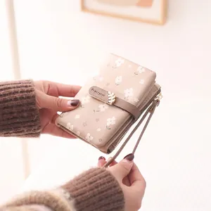 Women Floral Short Wallet PU Leather Zipper Buckle Card Holder Coin Purse With Wristlet Strap Small Fashion Folding Wallet