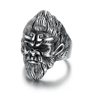 Vintage Monkey King Sun Wukong stainless steel ring for men in a bold punk style