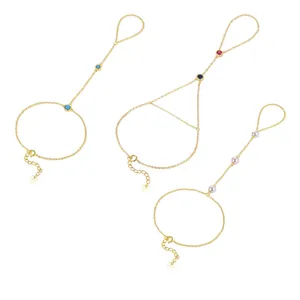 Elegant S925 sterling silver gold plated finger bracelet with turquoise and pearls