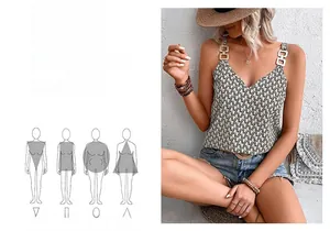 Slim fit French style V-neck camisole with metal buckle straps and geometric pattern print