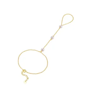 Elegant gold plated S925 sterling silver finger chain bracelet with three pearls