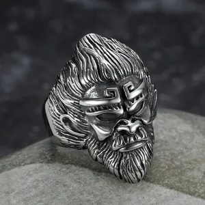Vintage stainless steel Monkey King ring featuring intricate punk style 3D carved details