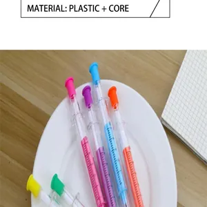Detailed view of creative colorful syringe-shaped gel pens on a white decorative plate