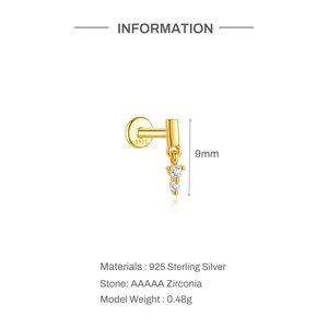 Detail of 925 sterling silver earring with zirconia stones and 9mm height dimension