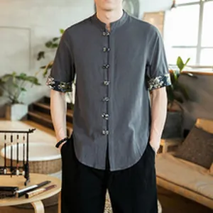 Grey cotton linen Chinese style short sleeve shirt with frog buttons