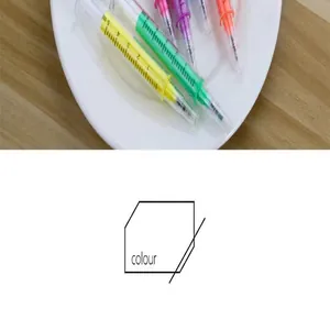 A detailed close-up shot of creative syringe-shaped gel pens in vibrant colors
