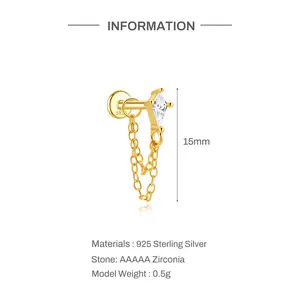 Detail view of S925 sterling silver marquise zirconia chain earring specs