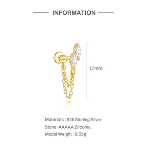 Detail view of 925 sterling silver marquise zirconia chain earring with 17mm size.