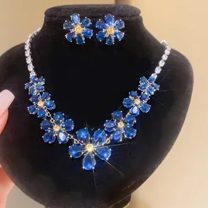 Elegant blue flower crystal jewelry set including necklace and earrings for women gift