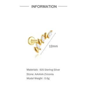 Detailed product info of a 925 sterling silver marquise zirconia cartilage stud earring